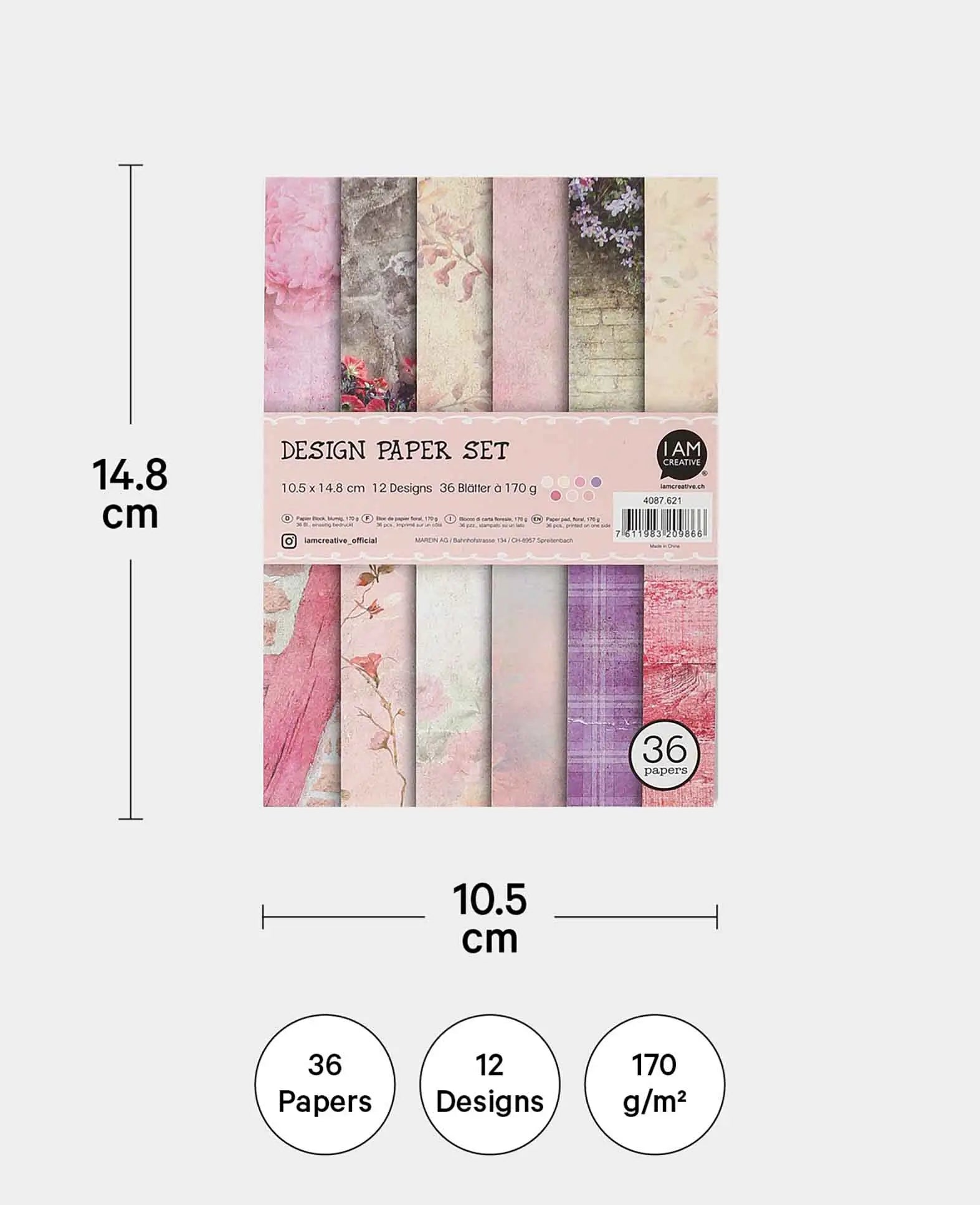 Set de papier design fleuri, bloc de papier, imprimé sur une face, 12 motifs différents, A6, 10,5 x 14,8 cm, 170 g/m², 36 feuilles