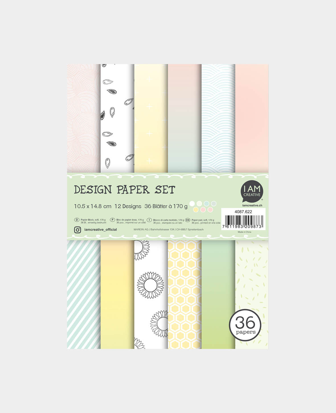 Design Papier Set soft, Papierblock mit einseitig bedruckten Papierbögen in 12 verschiedenen Designs, A6, 10.5 x 14.8 cm, 170 g/m², 36 Blätter