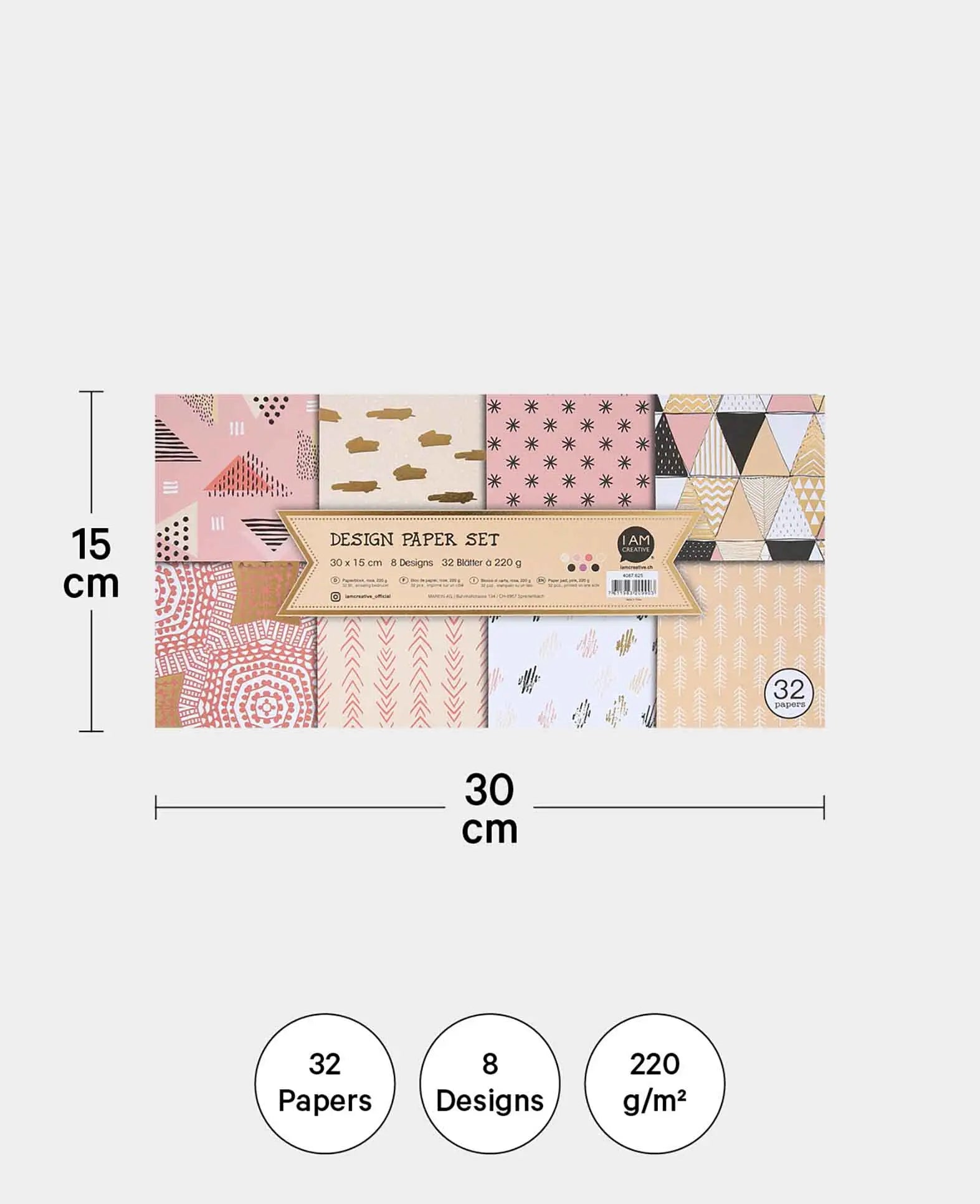 Design Papier Set rosa, 30 x 15 cm, 220 g/m², 32 Blätter