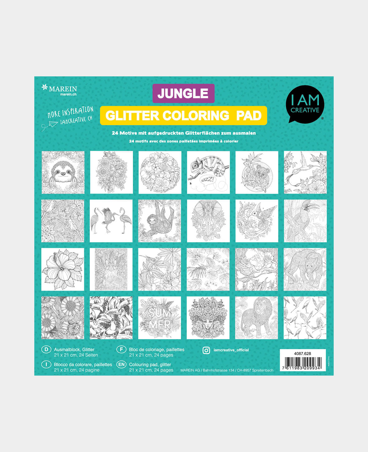 Ausmalblock Jungle, Papierblock mit vorgedruckten Motiven und edlem Glitzereffekt zum Ausmalen, 21 x 21 cm, 24 Motive