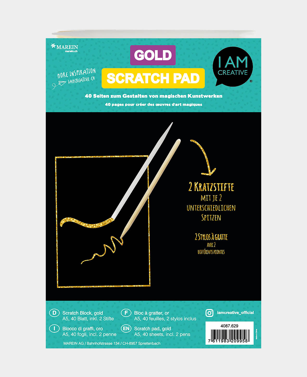 Scratch Block, Kratzblock inkl. 2 Kratzstiften, Schwarz & Gold, A5, 40 Blatt
