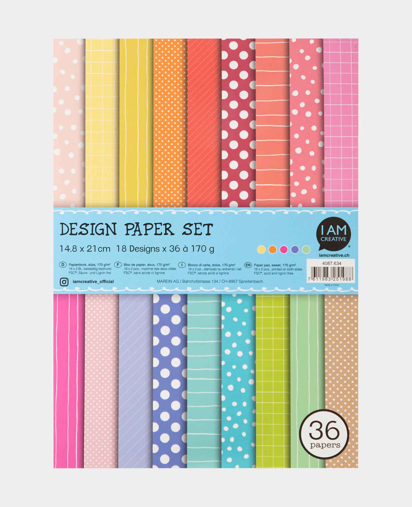Design Papier Set süss, Papierblock mit beidseitig bedruckten Papierbögen in 18 verschiedenen Designs, A5, 14.8 x 21 cm, 170 g/m², 36 Blätter