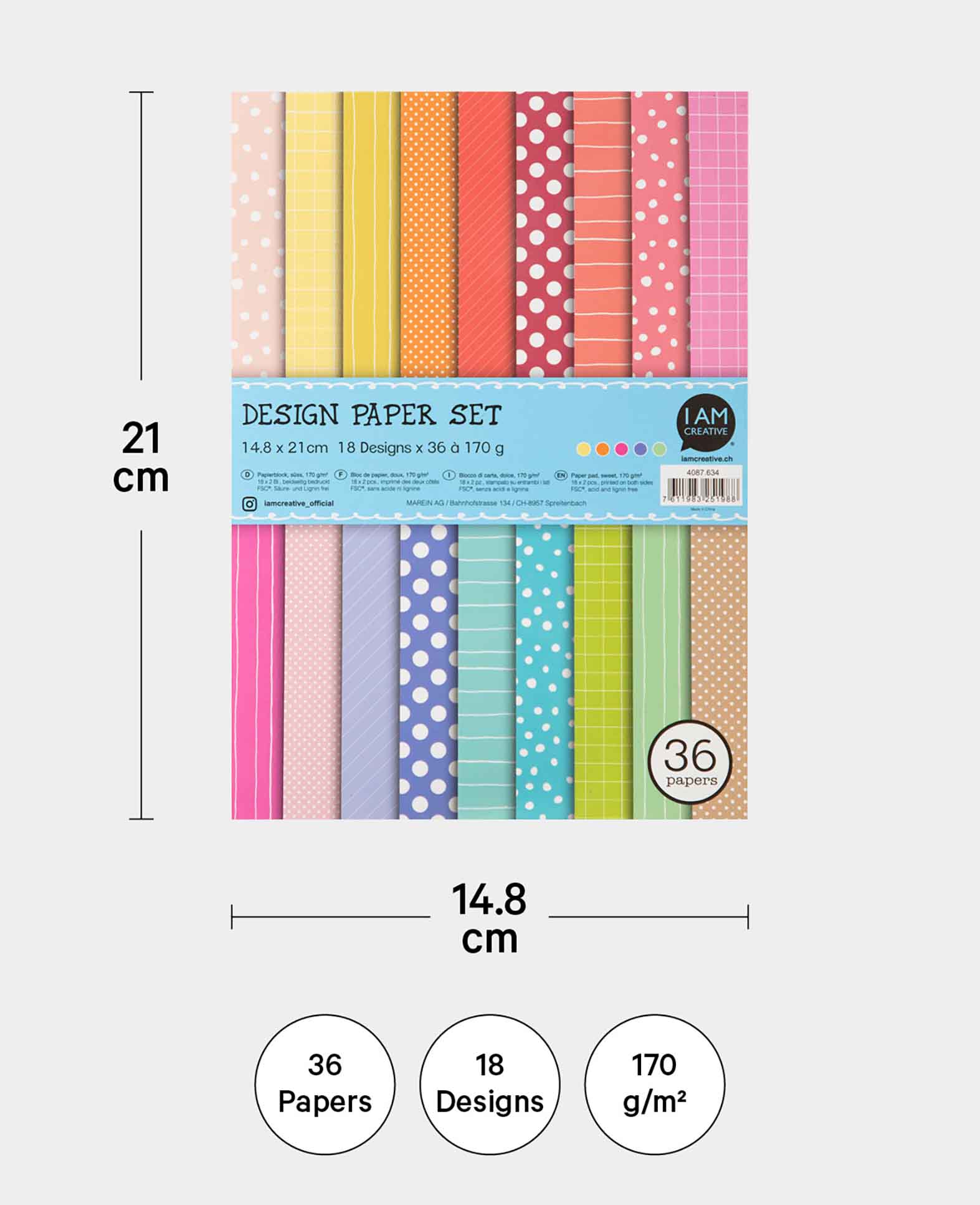 Set de papier design mignon, bloc de papier avec feuilles imprimées recto-verso en 18 motifs différents, A5, 14,8 x 21 cm, 170 g/m², 36 feuilles