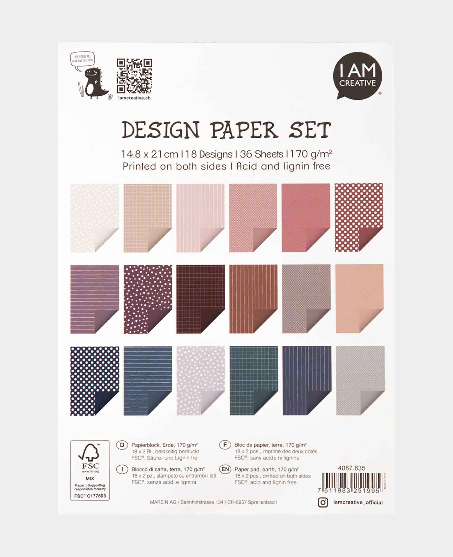 Design Papier Set Erde, Papierblock mit beidseitig bedruckten Papierbögen in 18 verschiedenen Designs, A5, 14.8 x 21 cm, 170 g/m², 36 Blätter