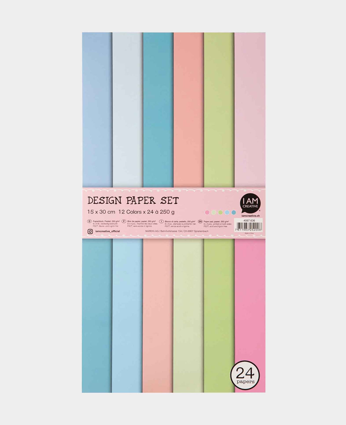 Papierblock Pastell, mit beidseitig bedruckten Papierbögen in 12 verschiedenen Farben, 15 x 30 cm, 250 g/m², 24 Blätter