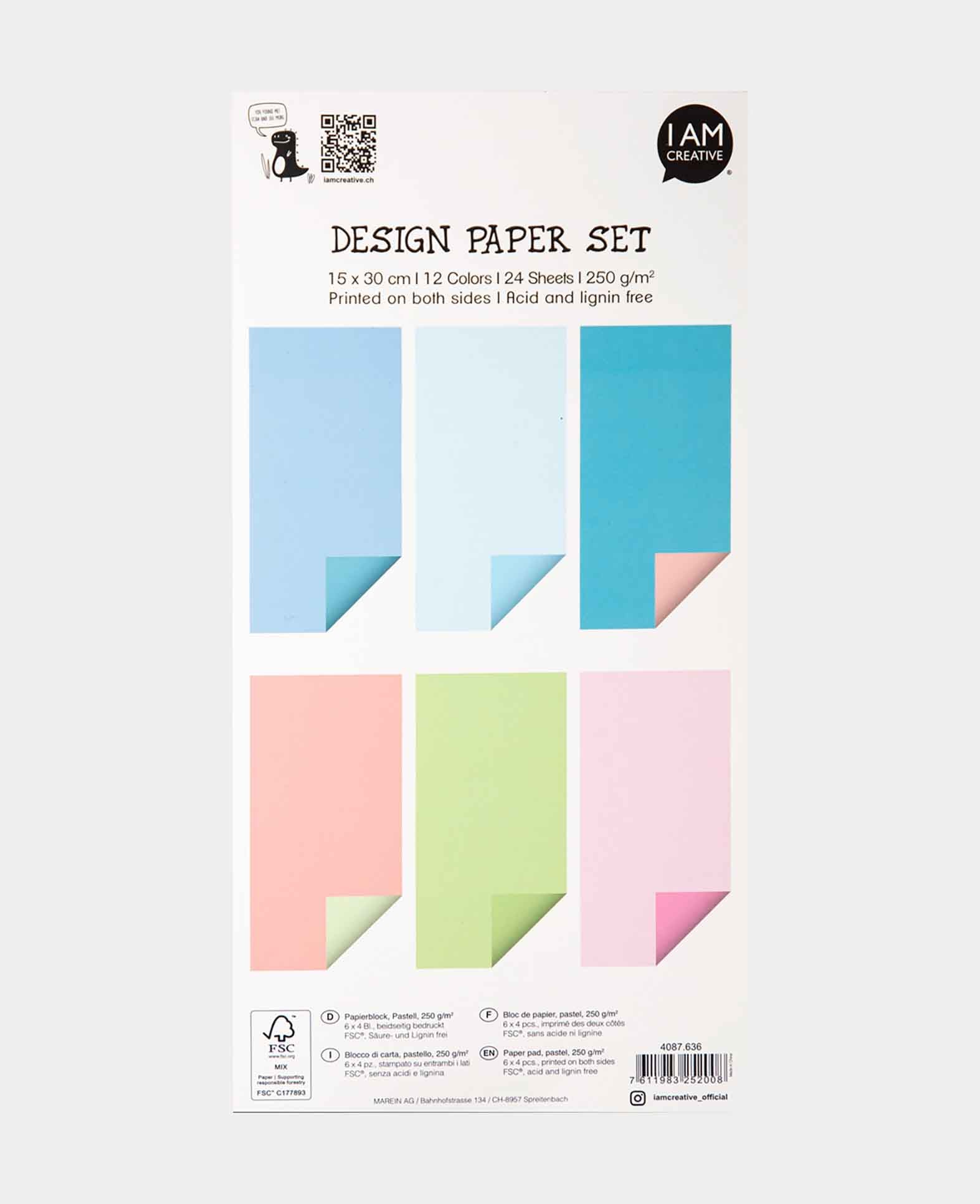 Bloc de papier pastel, avec feuilles imprimées recto verso en 12 couleurs différentes, 15 x 30 cm, 250 g/m², 24 feuilles