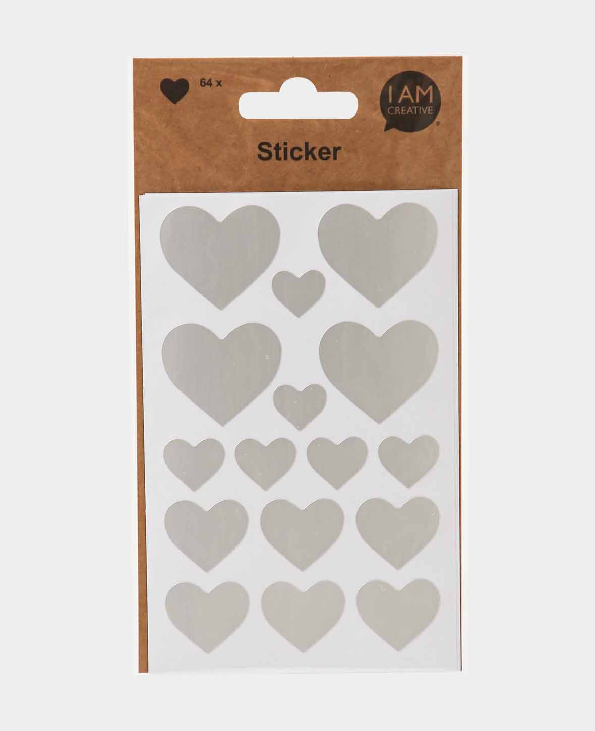 Sticker cœur, argent, 15 x 16 mm, 16 x 19 mm, 32 x 37 mm, 4 feuilles, 64 pièces.