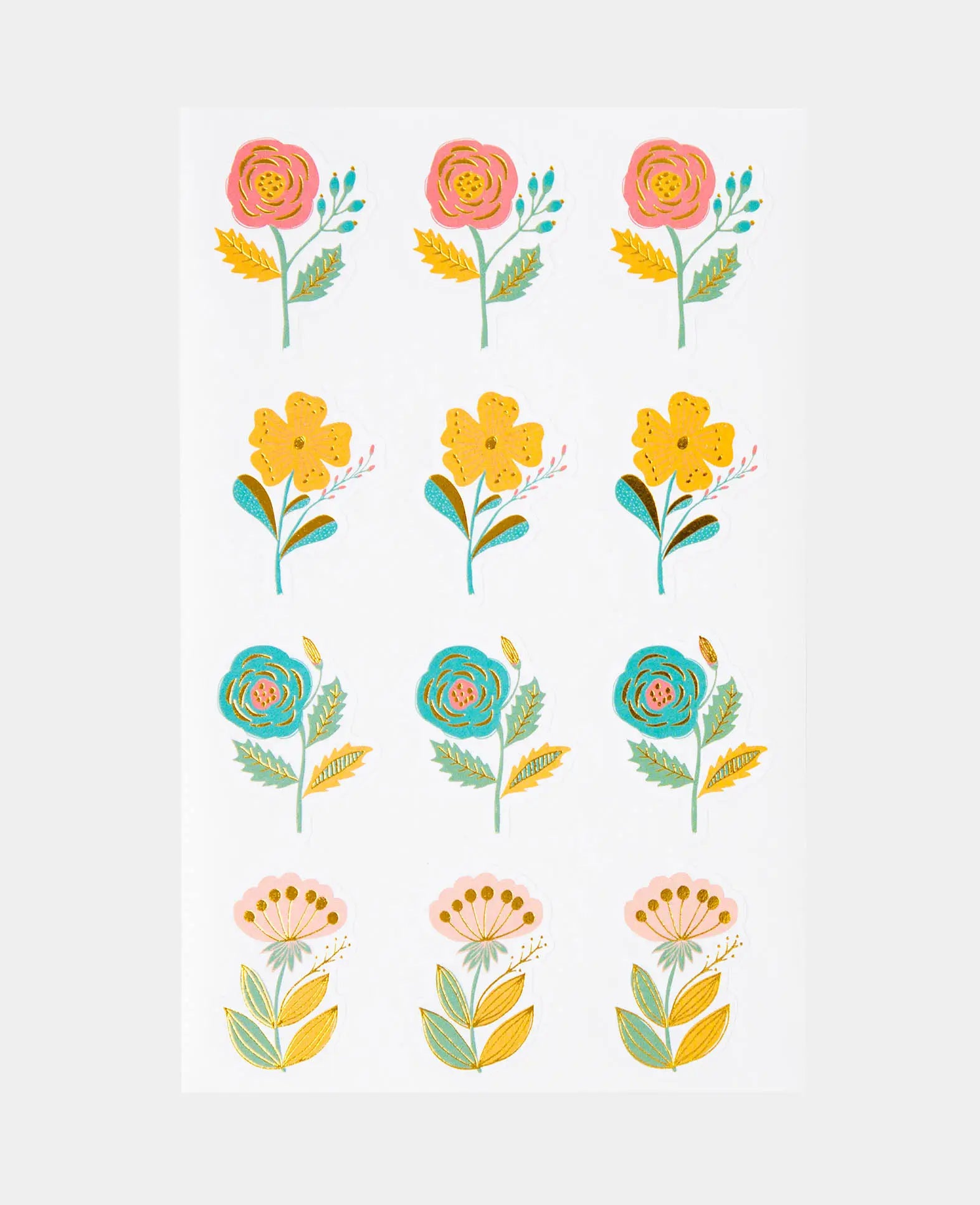 Sticker Blumen, Bunt mit Gold, 9.5 x 15 cm, 4 Blatt