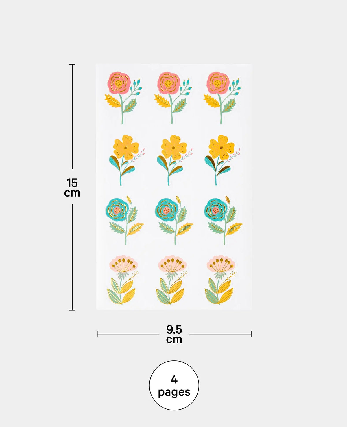 Sticker Blumen, Bunt mit Gold, 9.5 x 15 cm, 4 Blatt