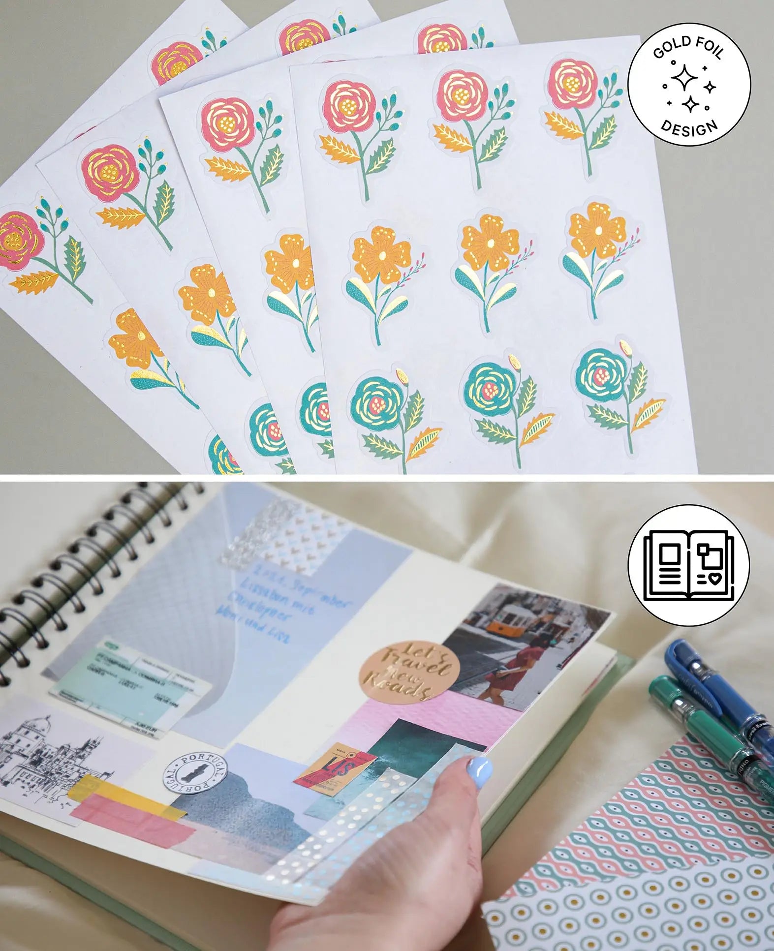 Sticker Blumen, Bunt mit Gold, 9.5 x 15 cm, 4 Blatt