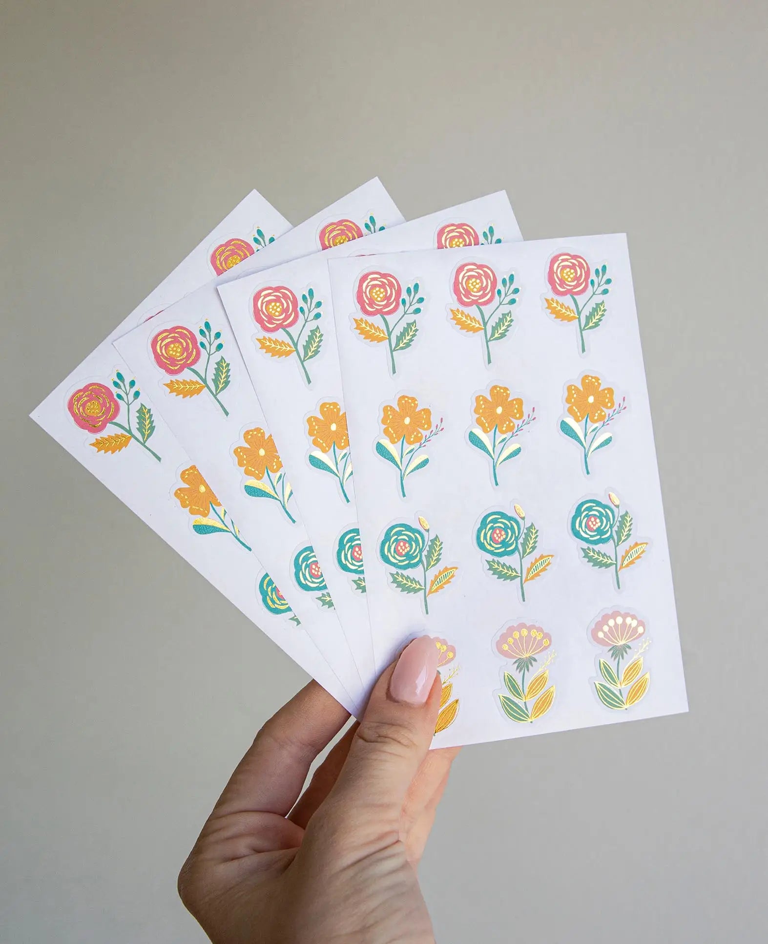 Sticker Blumen, Bunt mit Gold, 9.5 x 15 cm, 4 Blatt