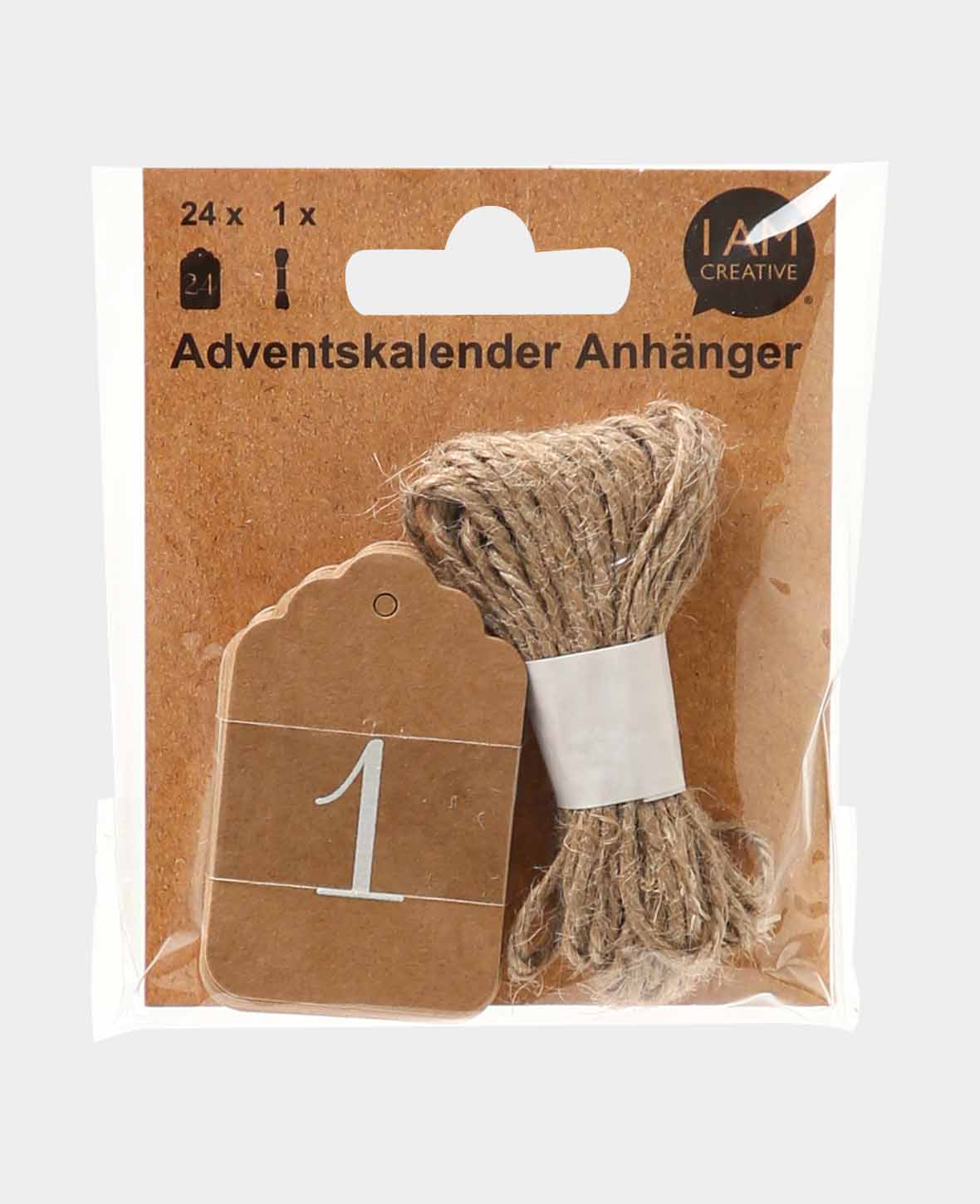 Étiquettes Calendrier de l'Avent, Marron & Blanc, ø 6 cm, 24 pièces avec 6 m de ficelle