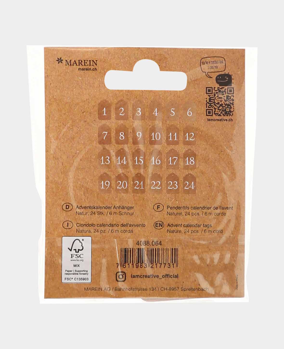 Étiquettes Calendrier de l'Avent, Marron & Blanc, ø 6 cm, 24 pièces avec 6 m de ficelle