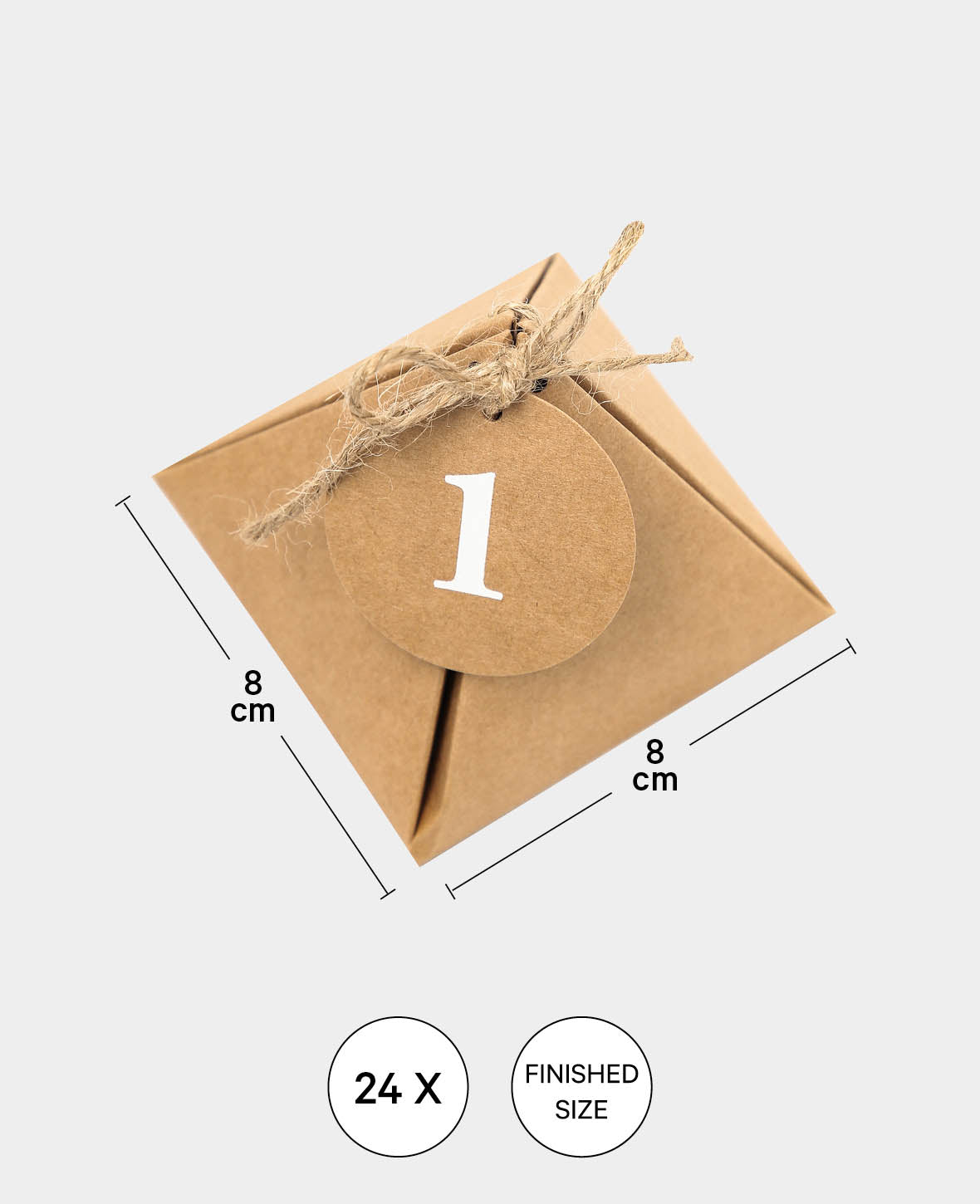 Adventskalender-Boxen 8x8x8 cm mit Kreisförmigen Zahlenanhänger und Schnur, Adventskalender zum Befüllen in dreieckigen Papierboxen, braun, 49tlg.