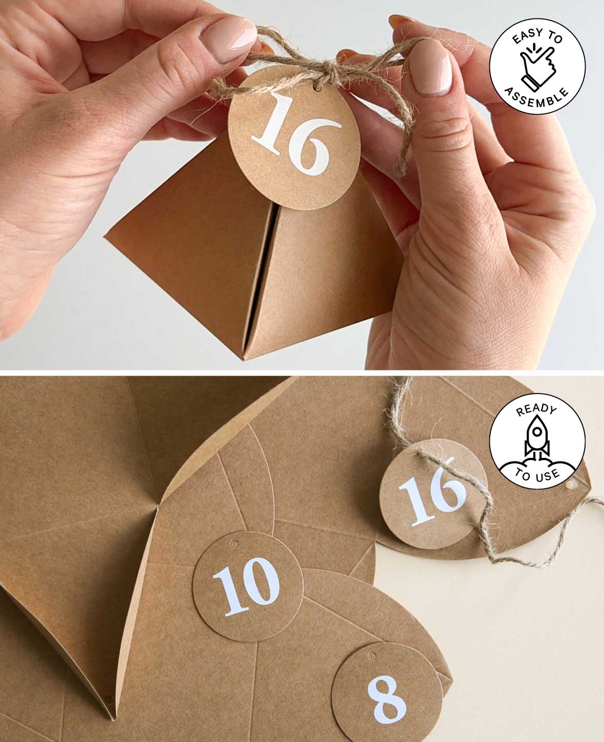 Adventskalender-Boxen 8x8x8 cm mit Kreisförmigen Zahlenanhänger und Schnur, Adventskalender zum Befüllen in dreieckigen Papierboxen, braun, 49tlg.