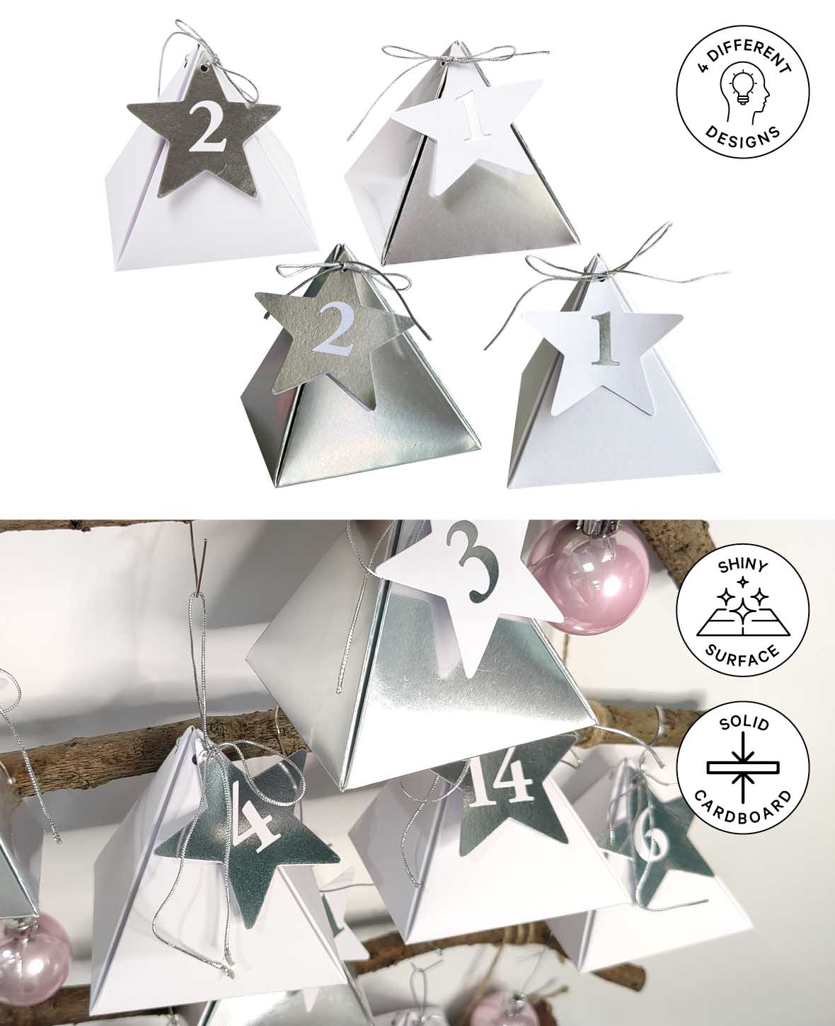 Boîtes Calendrier de l'Avent Argent/Blanc, 8×8×8 cm, 49 p.