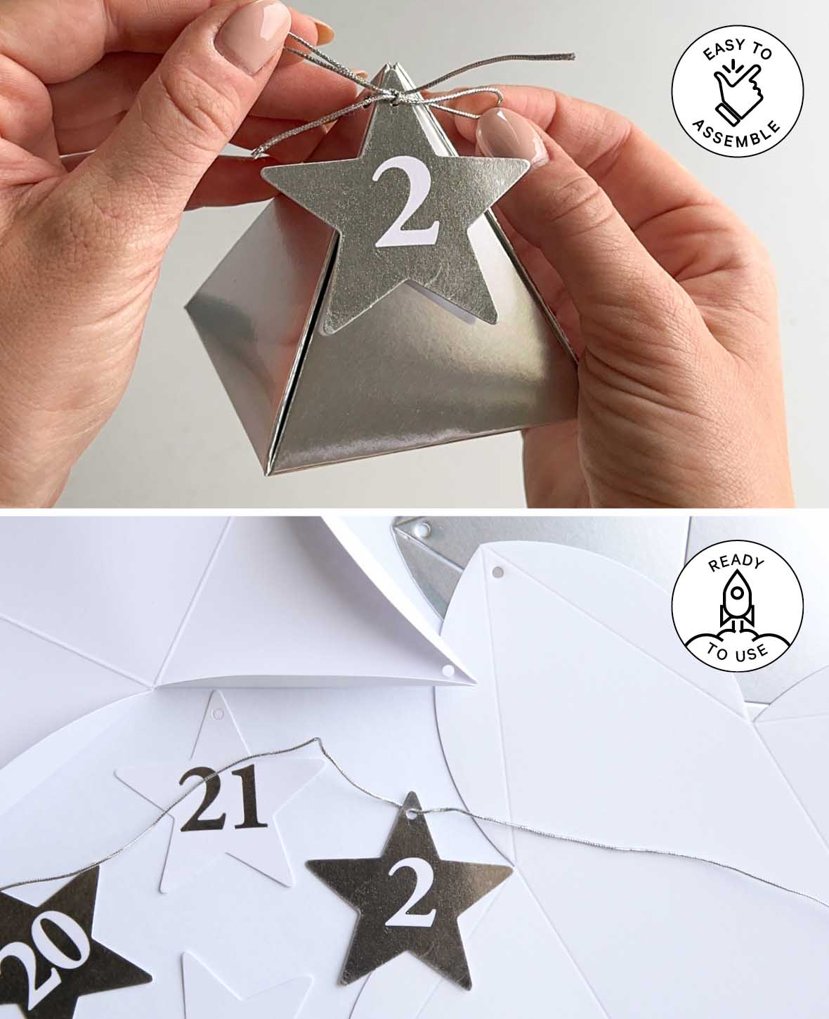Boîtes Calendrier de l'Avent Argent/Blanc, 8×8×8 cm, 49 p.