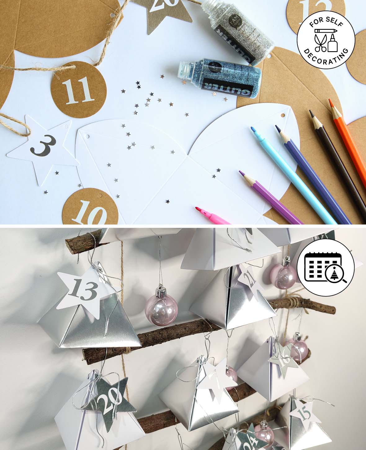 Boîtes Calendrier de l'Avent Argent/Blanc, 8×8×8 cm, 49 p.