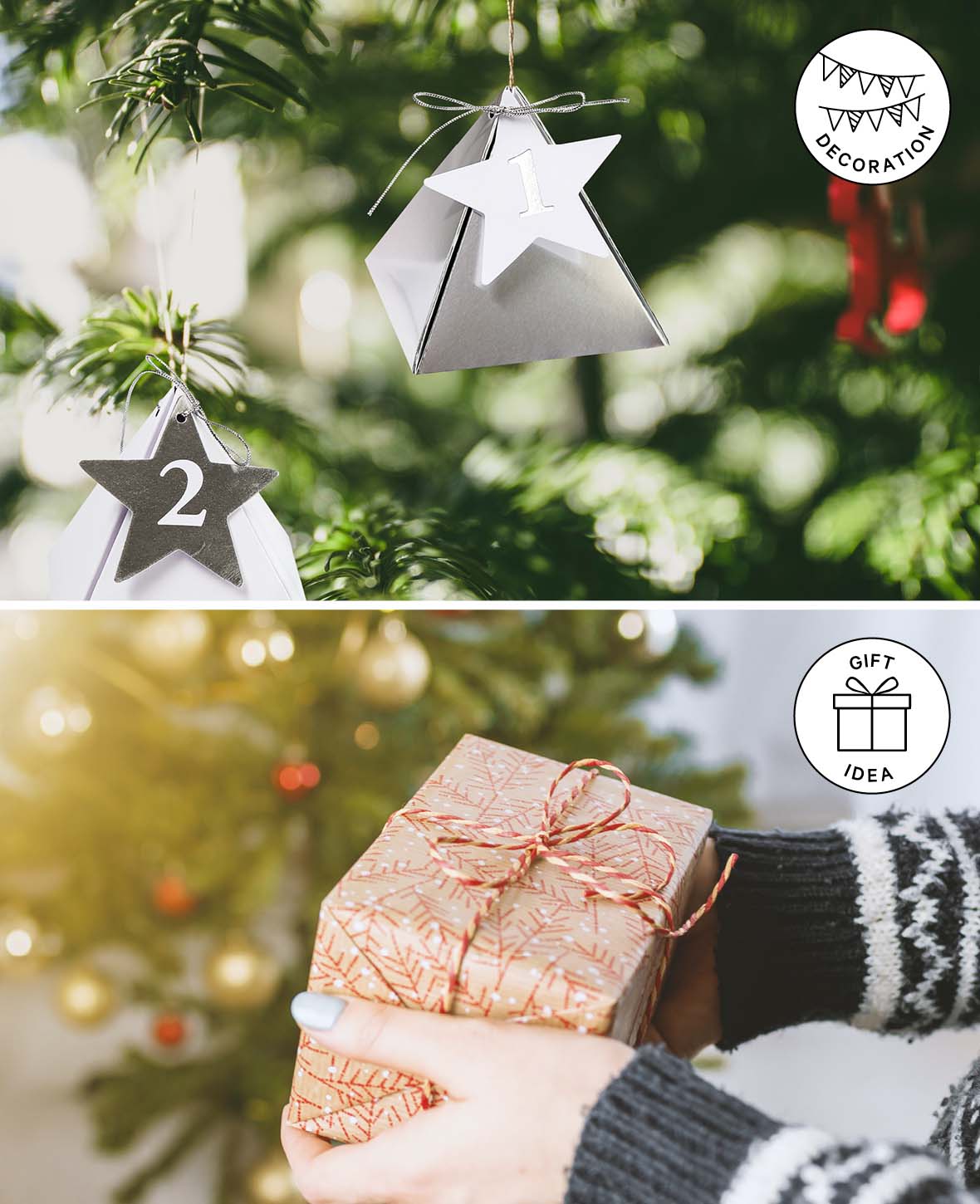 Adventskalender-Boxen 8x8x8 cm mit Kreisförmigen Zahlenanhänger und Schnur, Adventskalender zum Befüllen in dreieckigen Papierboxen, braun, 49tlg.