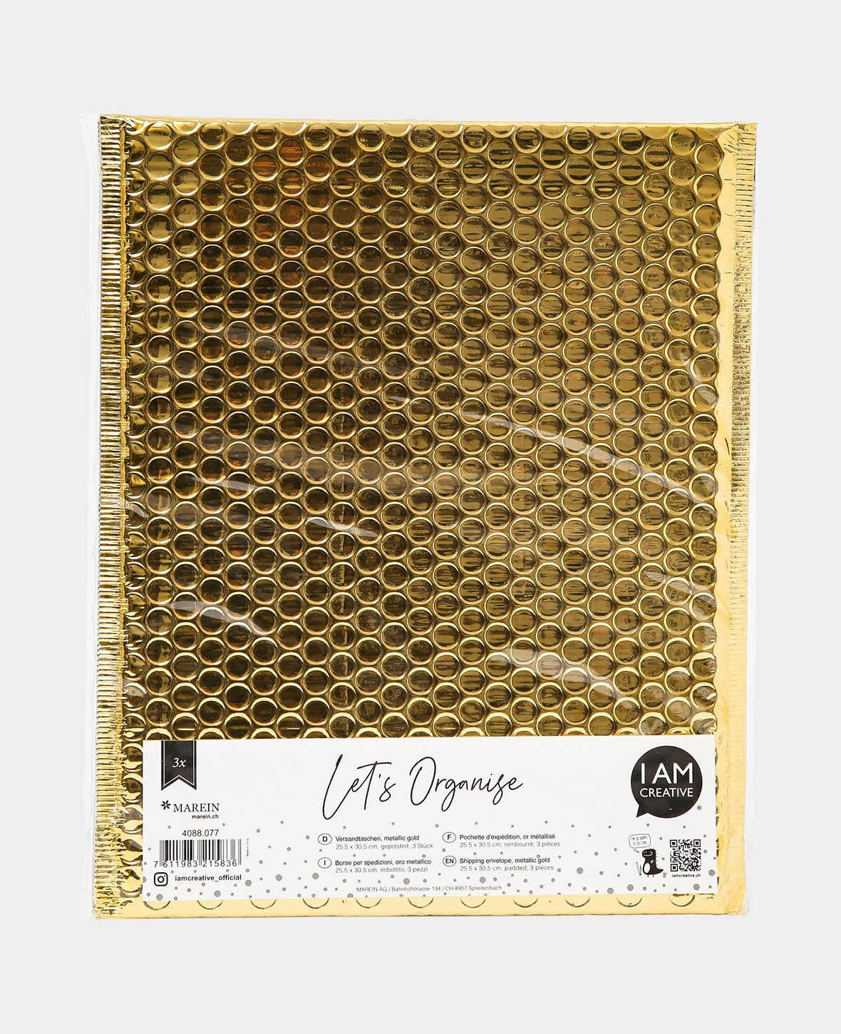 Sachets cadeaux or métallisé, enveloppes à bulles, or, 30 x 25 x 0.5 cm, 3 pièces