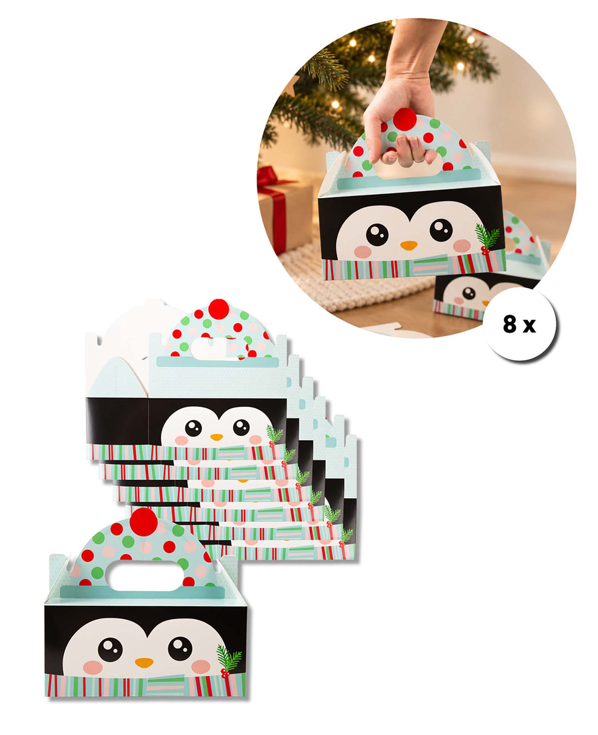 Weihnachtsgeschenkbox mit Henkel, Pinguin, Schwarz, Karton