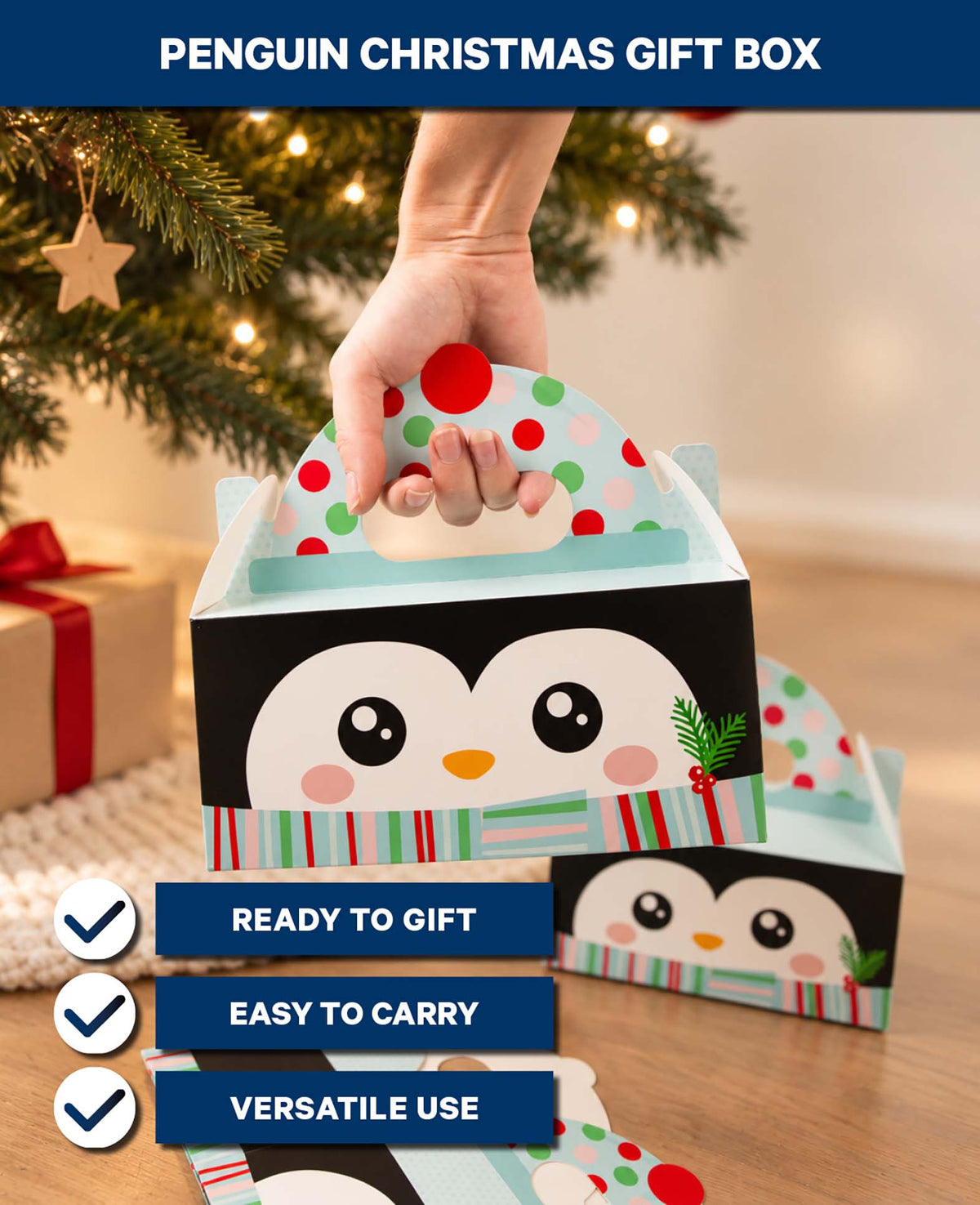Weihnachtsgeschenkbox mit Henkel, Pinguin, Schwarz, Karton
