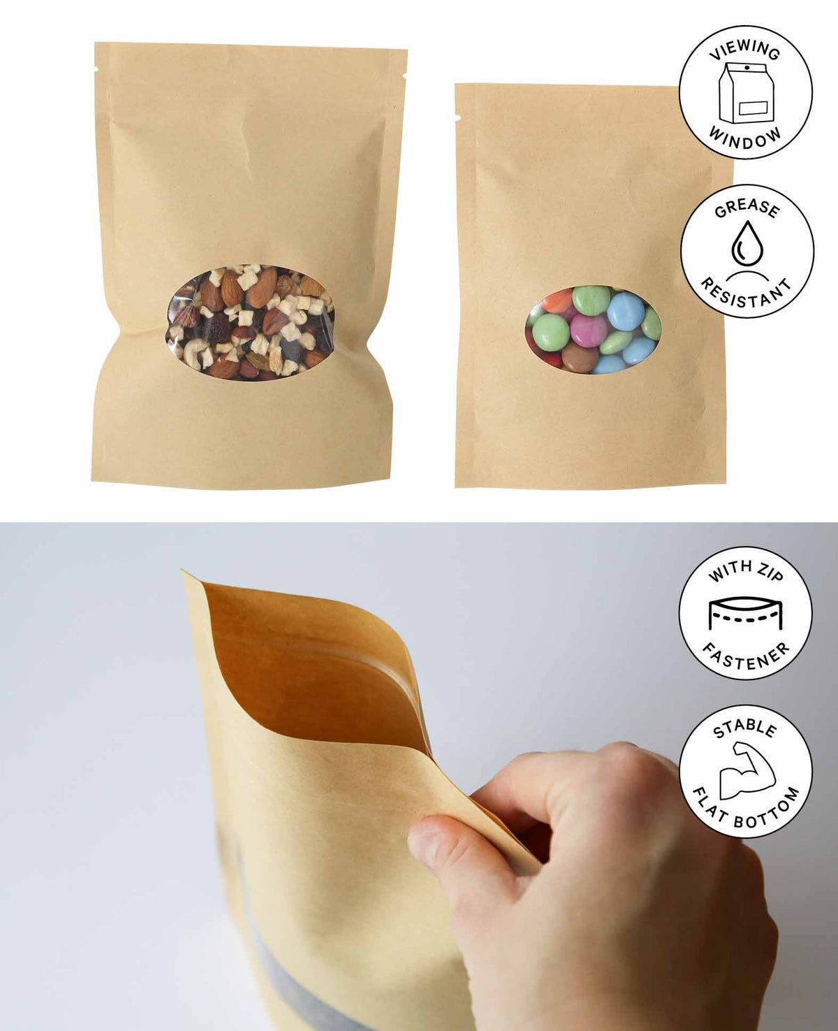 Sachets à fermeture zip, sacs en papier avec fenêtre de visualisation étroite et fermeture zip, marron, 18 x 26 x 8 cm, 5 pièces.