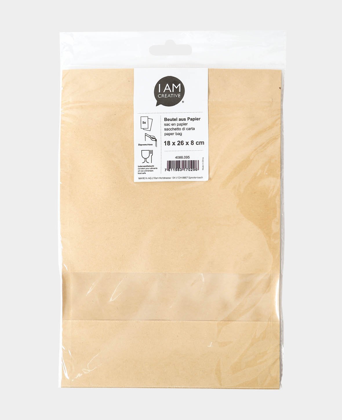 Sachets à fermeture zip, sacs en papier avec fenêtre de visualisation étroite et fermeture zip, marron, 18 x 26 x 8 cm, 5 pièces.