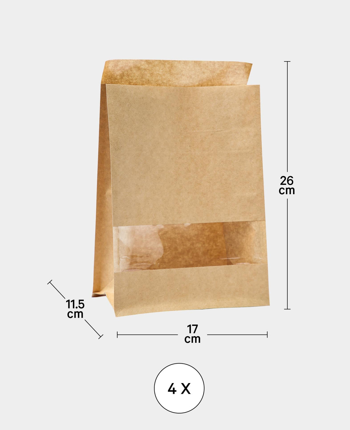 Papierbeutel, 17 x 26 x 11.5 cm, Papiertüten mit rechteckigem Sichtfenster für Geschenke, zum selbst dekorieren, lebensmittelzertifiziert, Braun, 4 Stk.