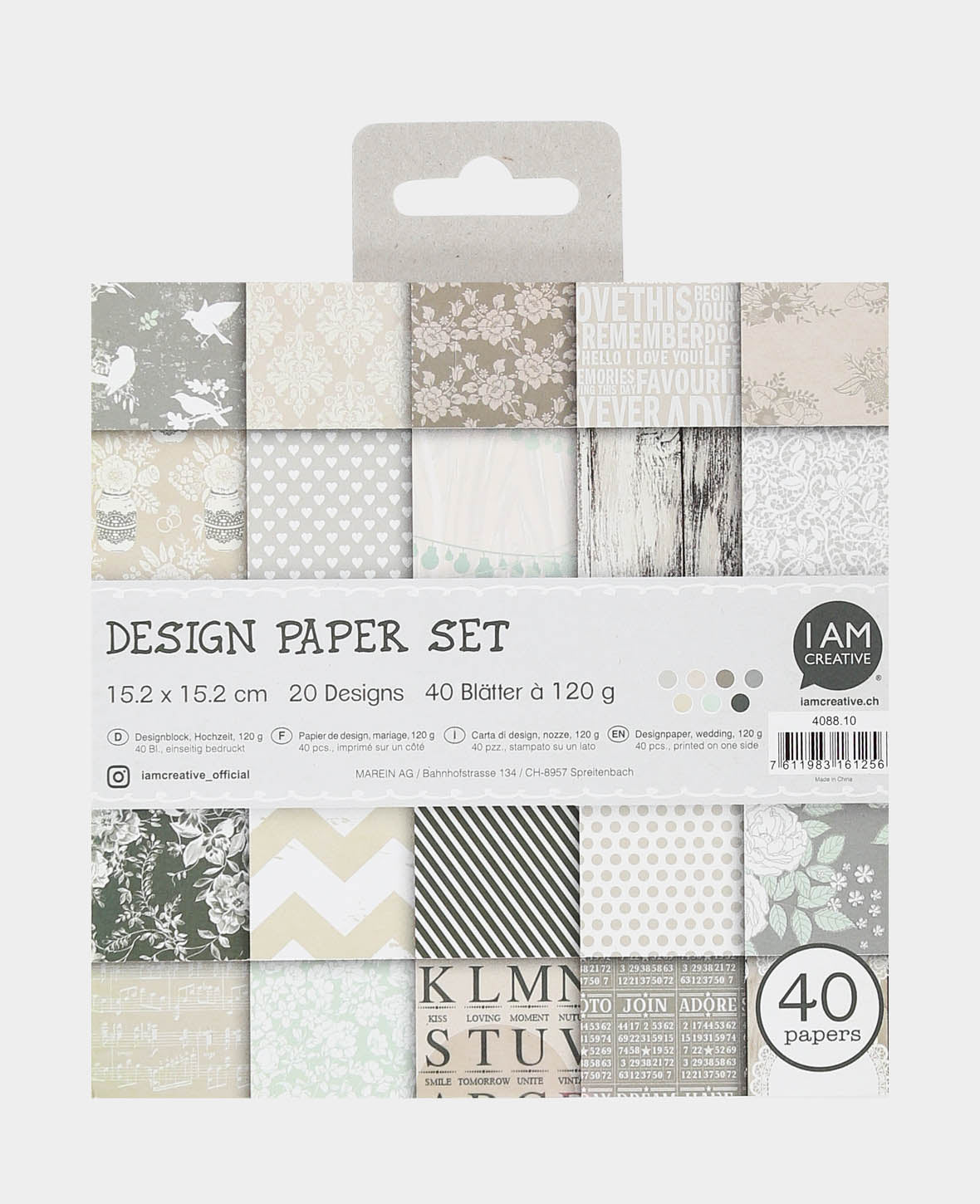 Design Papier Set Hochzeit, Papierblock mit einseitig bedruckten Papierbögen in 20 verschiedenen Designs, 15.2 x 15.2 cm, 120 g/m², 40 Blätter
