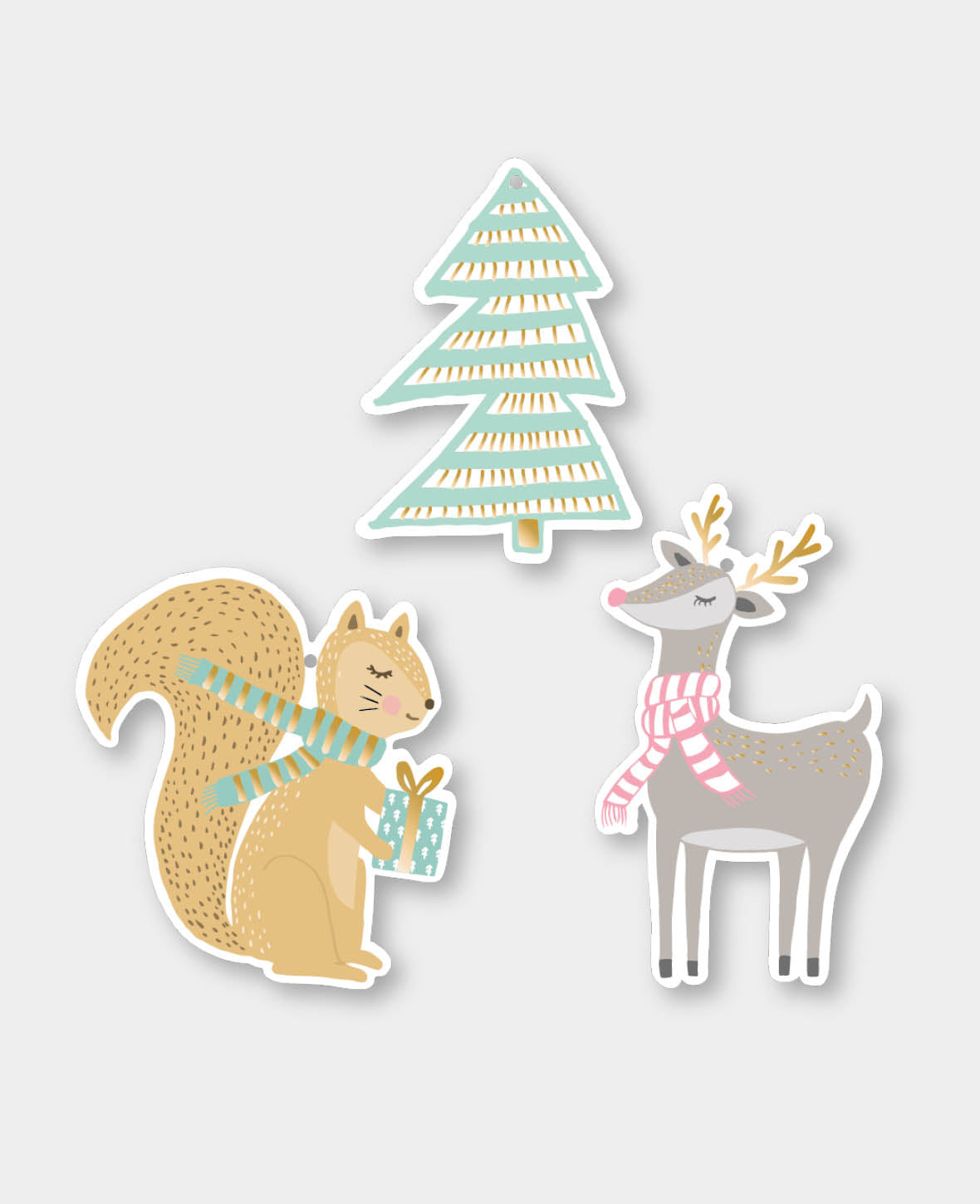 Kit d'étiquettes cadeaux, sapin, écureuil et cerf, 9 pcs.