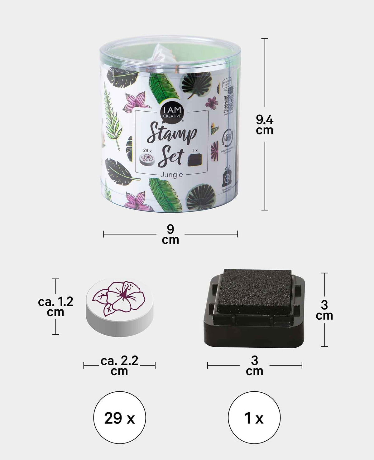 Set de tampons Jungle, avec encreur, env. 1,5 x 5 cm, 29 pces.