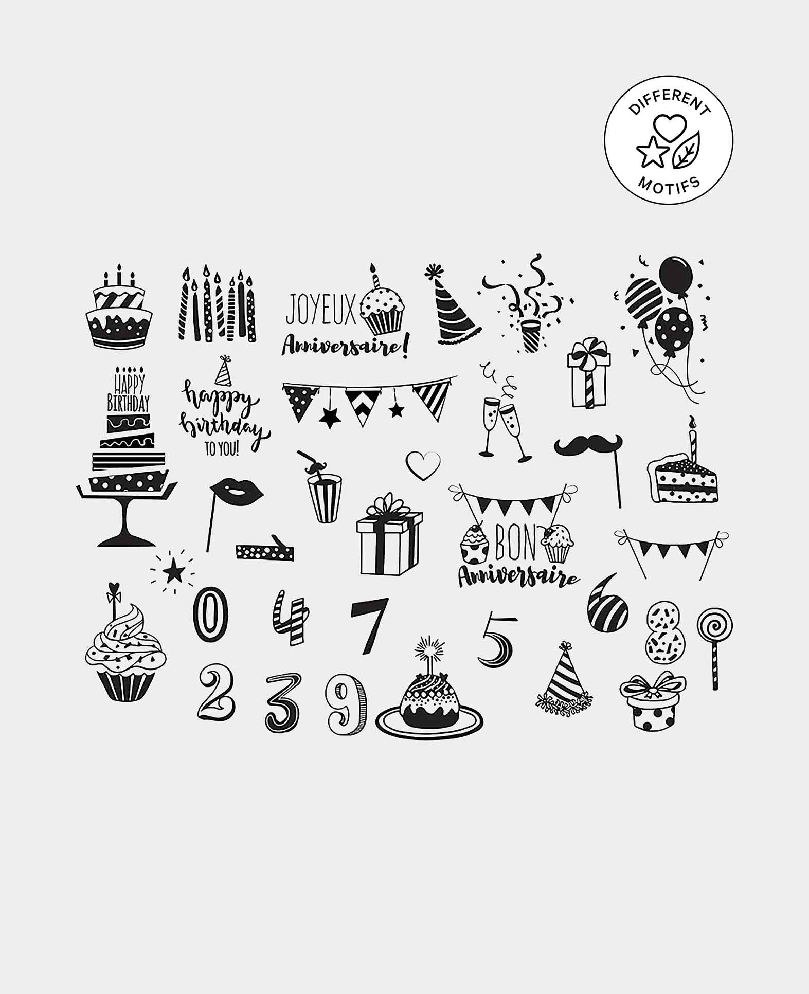 Set de tampons d'anniversaire, avec encreur, env. 1.2 x 5.5 cm, 35 pièces