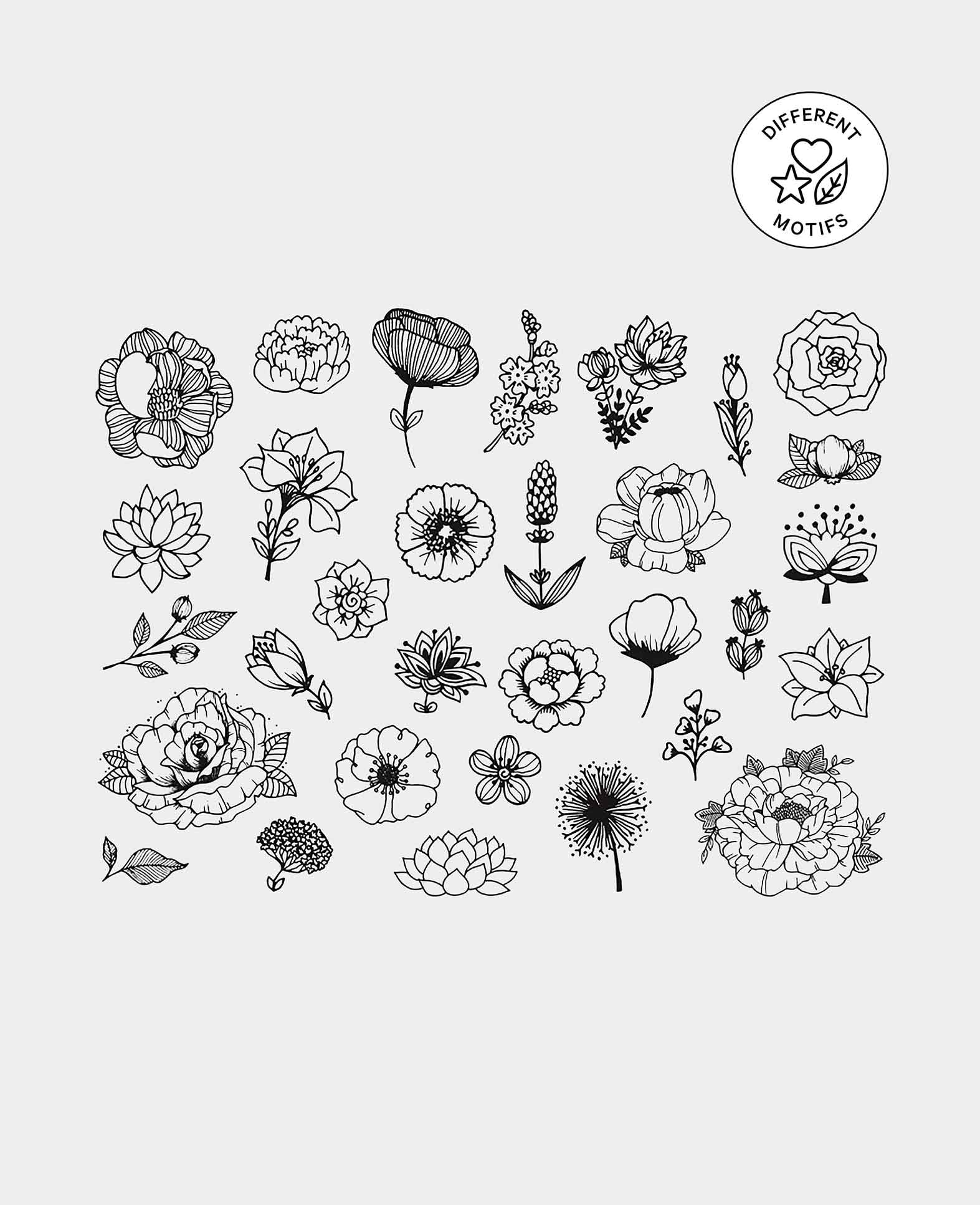Kit de tampons Fleurs, avec encreur, env. 1 x 4,5 cm, 31 pièces