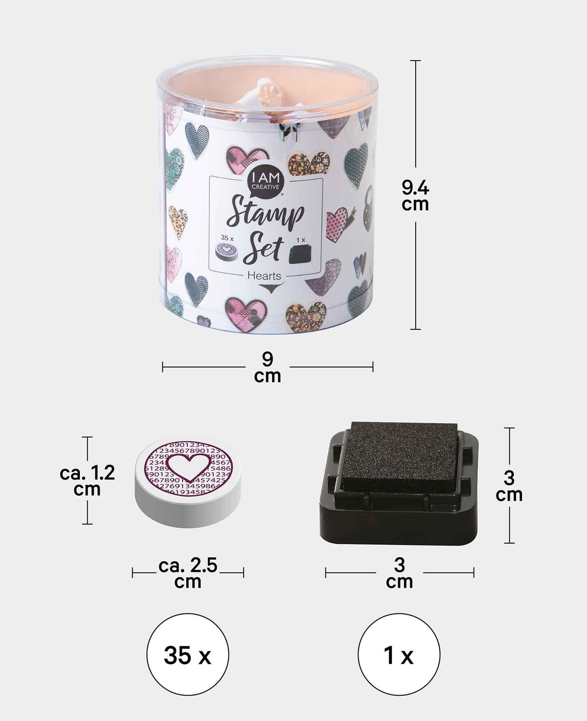 Set de tampons cœurs, avec encreur, env. 3.5 x 5 cm, 35 pièces.