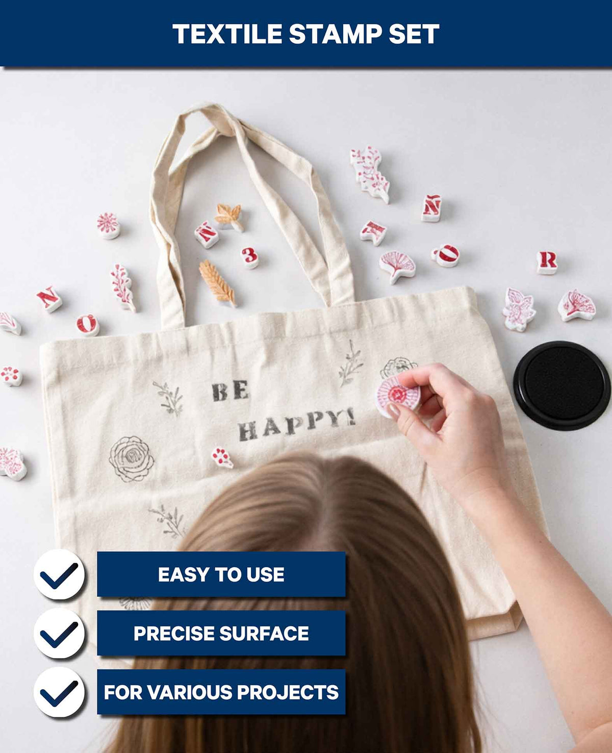 Set de tampons textiles Fleurs & Feuilles, avec encrier, 20 pièces