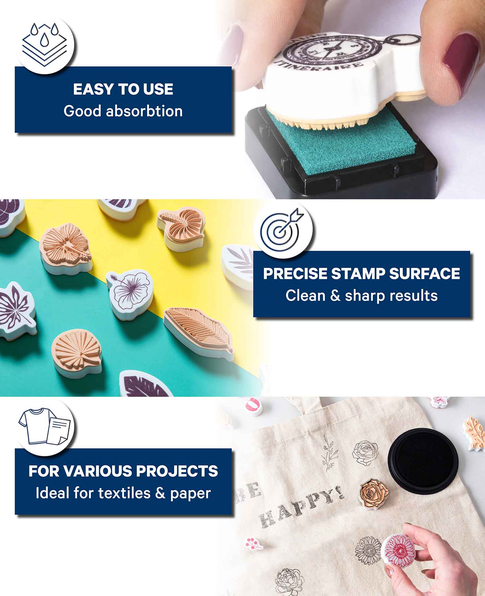 Set de tampons textiles Fleurs & Feuilles, avec encrier, 20 pièces