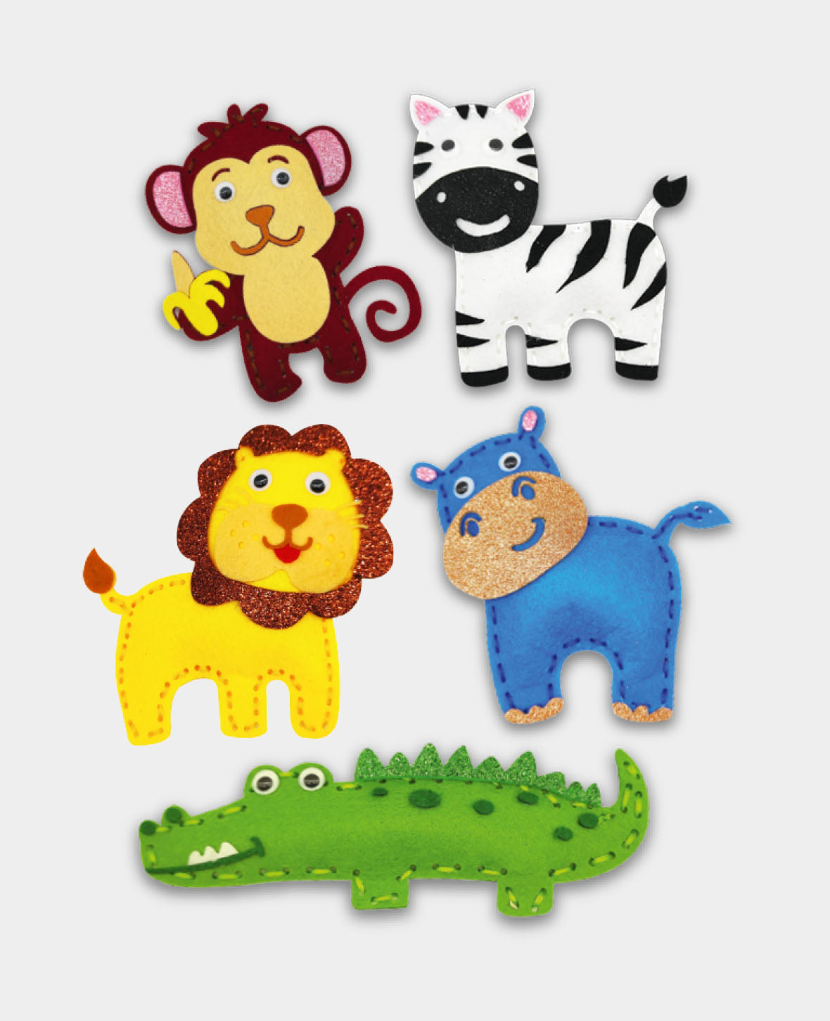 Kit de couture en feutre Animaux de la jungle, Set complet avec accessoires et instructions, Enfants à partir de 6 ans, Multicolore, 36 pièces.