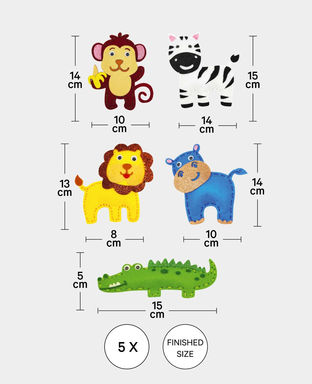 Kit de couture en feutre Animaux de la jungle, Set complet avec accessoires et instructions, Enfants à partir de 6 ans, Multicolore, 36 pièces.