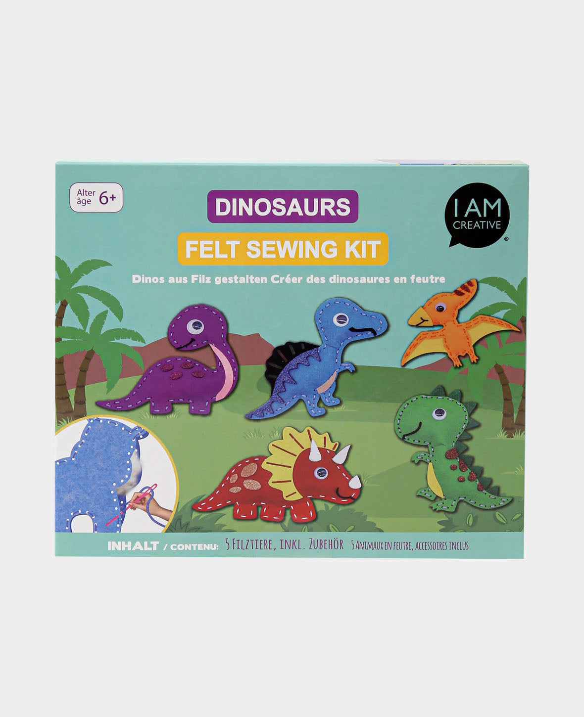 Filznähset Dinos, Komplettset inkl. Zubehr & Anleitung, Kinder ab 6 Jahren, Bunt, 49tlg.