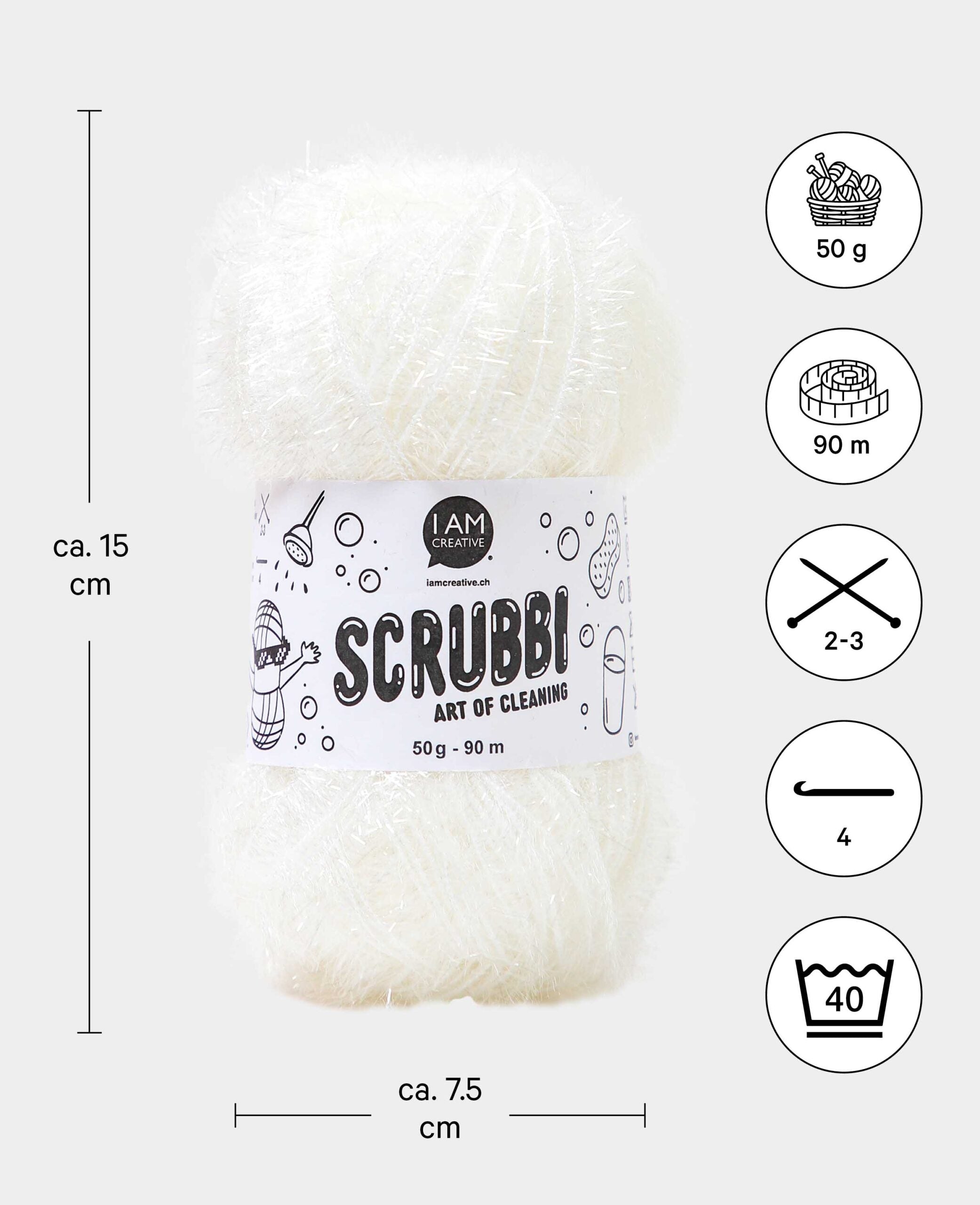 Scrubbi, Garn zum Häkeln & Stricken von Spülschwämmen, weiss, 50 g, 90 m