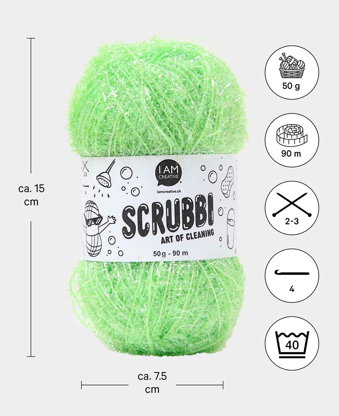 Scrubbi, fil à crocheter et tricoter des éponges à vaisselle, vert clair, 50 g, 90 m