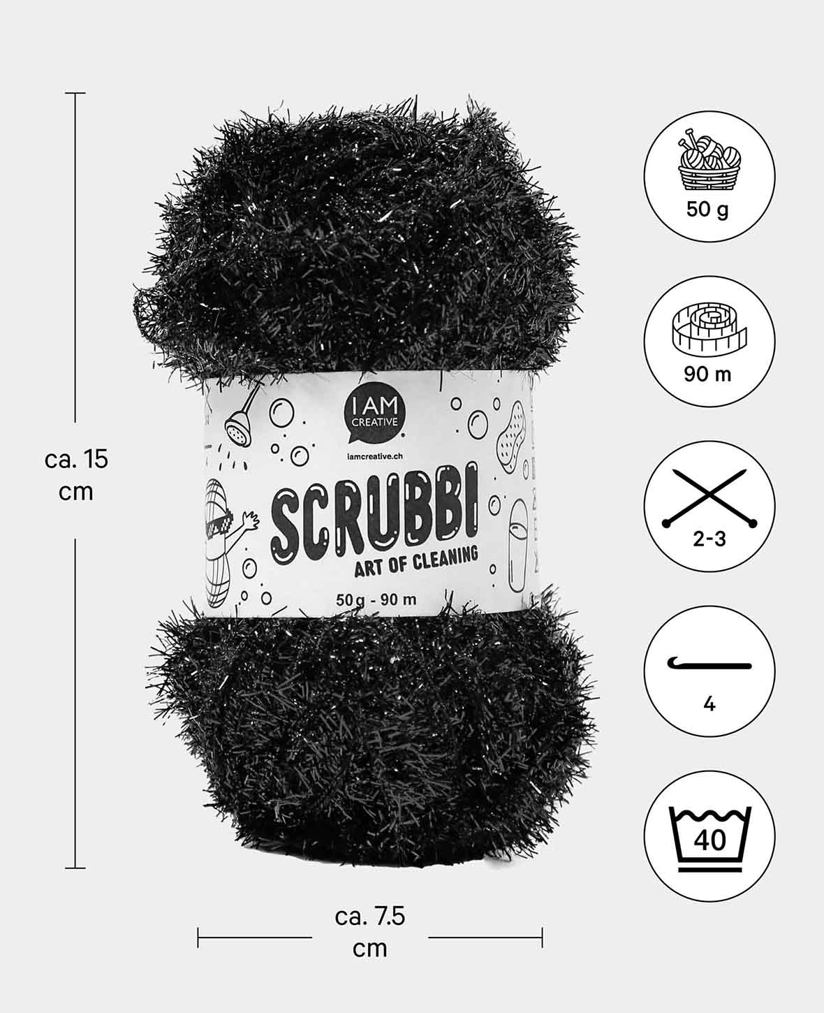 Scrubbi, fil à crochet et à tricoter pour éponges à récurer, noir, 50 g, 90 m