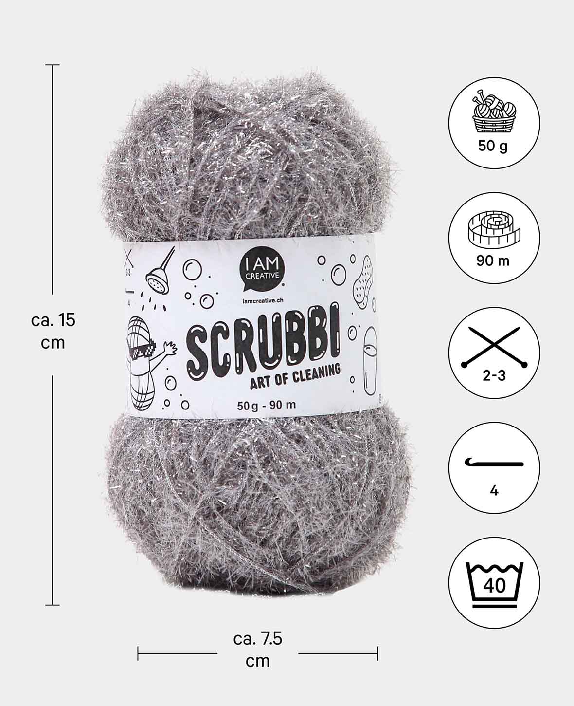 Scrubbi, Garn zum Häkeln & Stricken von Spülschwämmen, silber, 50 g, 90 m
