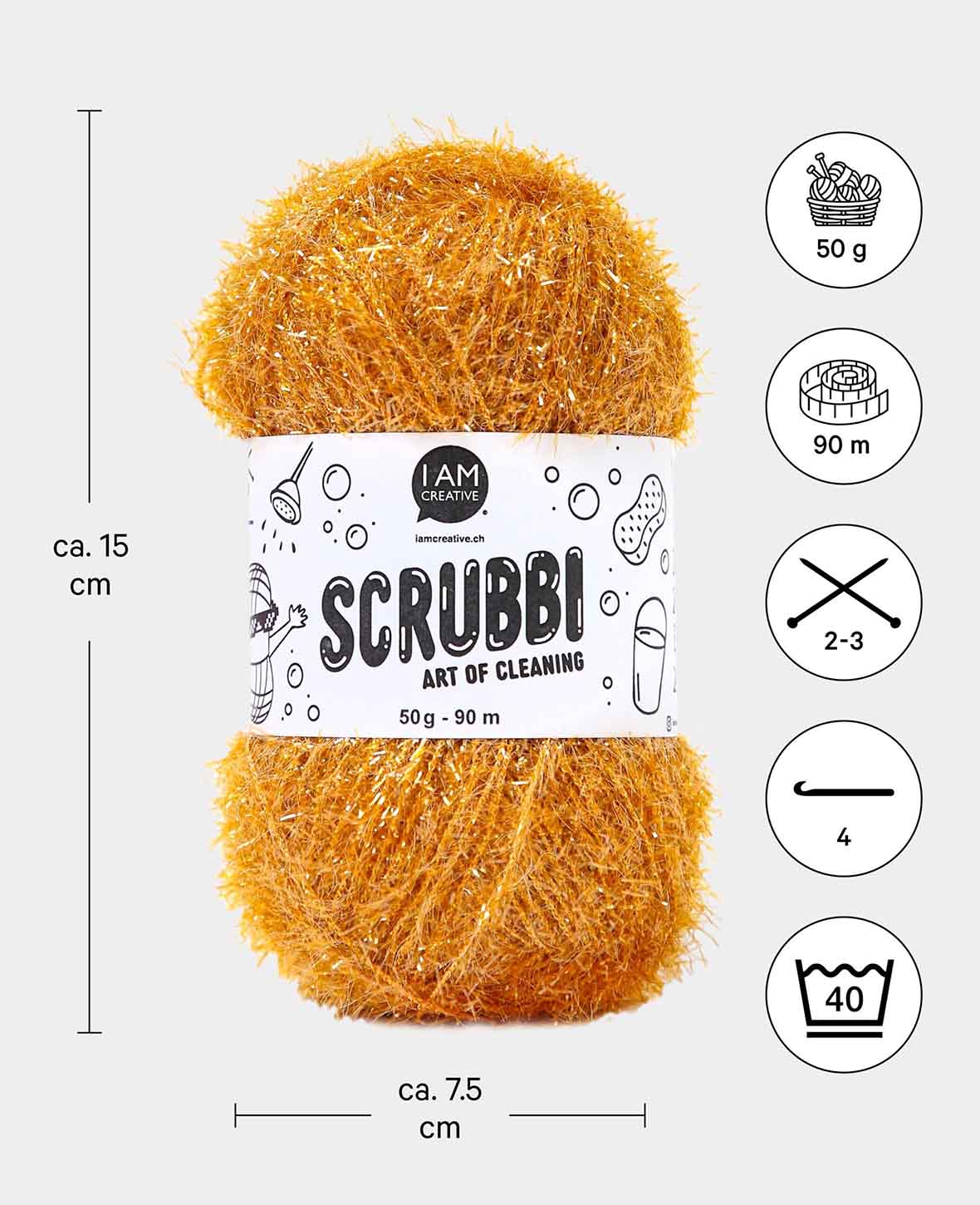 Scrubbi, fil à crocheter et tricoter pour éponges à récurer, or, 50 g, 90 m