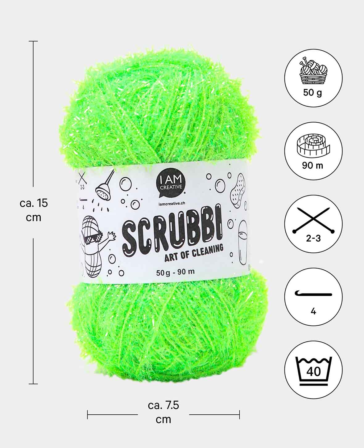 Scrubbi, fil à crocheter et à tricoter pour éponges, vert fluo, 50 g, 90 m