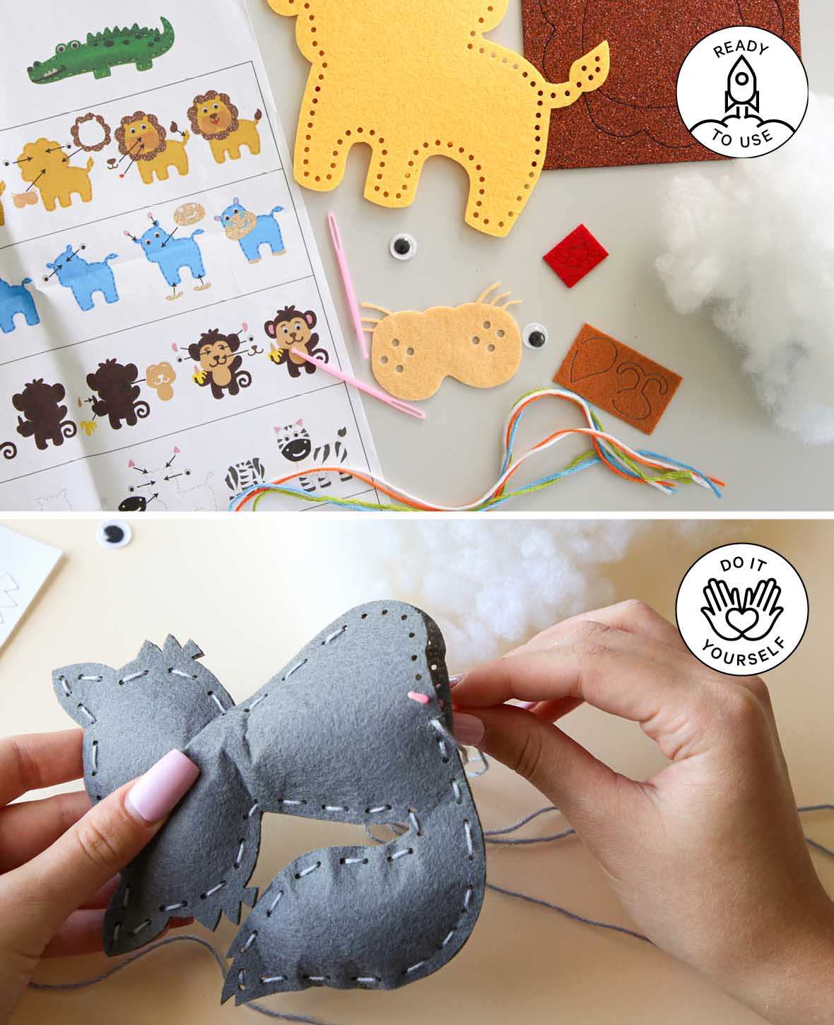 Kit de couture en feutre Animaux de la jungle, Set complet avec accessoires et instructions, Enfants à partir de 6 ans, Multicolore, 36 pièces.
