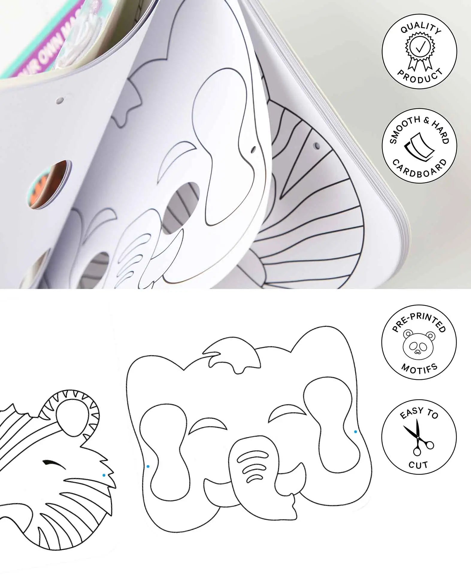 Princess Mask Set, Children's Cardboard Masks with Elastic Band, White, approx. 18 x 19 cm, 12 pcs.