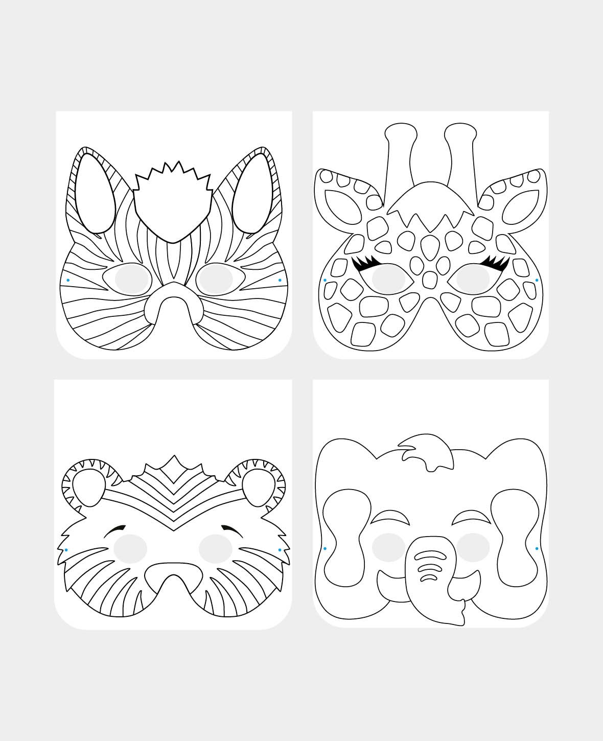 Maskenset Tiere, Kindermasken aus Pappe mit Gummiband, Weiss, ca. 18 x 19 cm, 12 Stk.