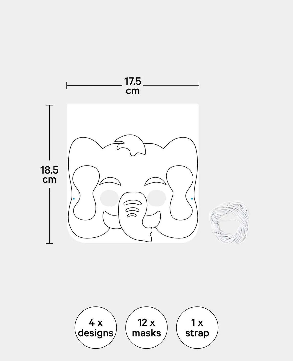 Animal Mask Set, Cardboard Children's Masks with Elastic Band, White, approx. 18 x 19 cm, 12 pcs.